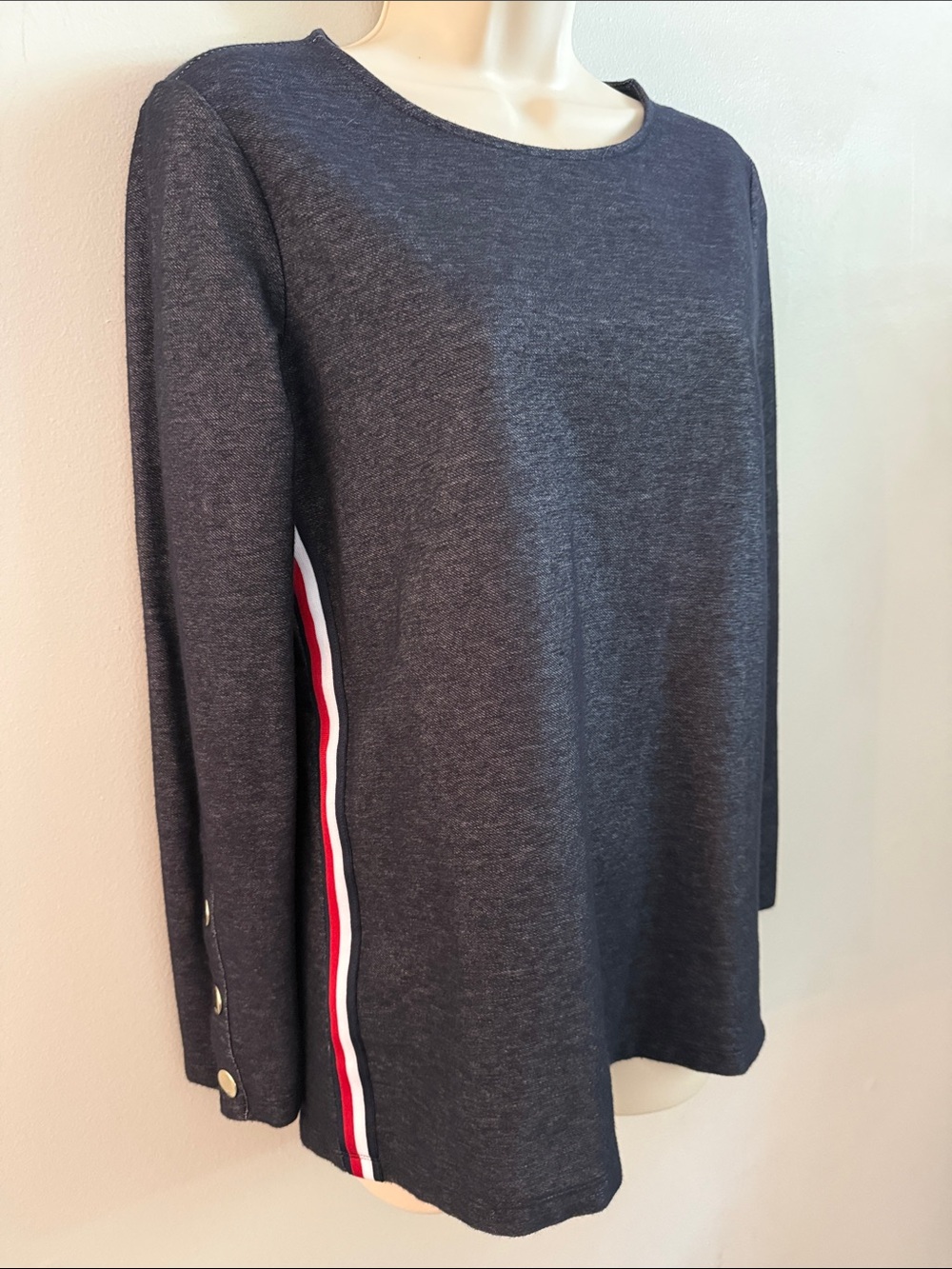 Tommy Hilfiger Dark Gray Long-Sleeve Top with Red and White Side Stripe